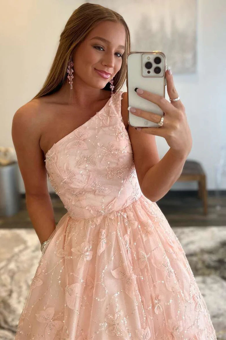 Vestido de fiesta de un solo hombro con corte en A y diseño de mariposa